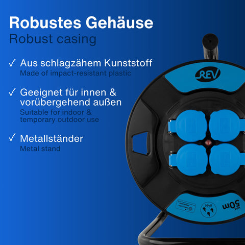 REV Stromverbrauchsmesser & Leertrommel im SPARSET – Stromzähler für Steckdose (Stiftung Warentest Note 1,7) + Kabeltrommel leer IP44 Outdoor, 4 Schuko-Steckdosen, schwarz