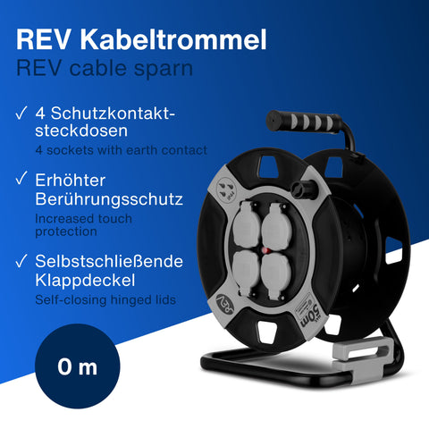 rev® Kabeltrommel Schwarz, IP44, Outdoor, 4 Schutzkontaktsteckdosen, 0m, 25m,50m